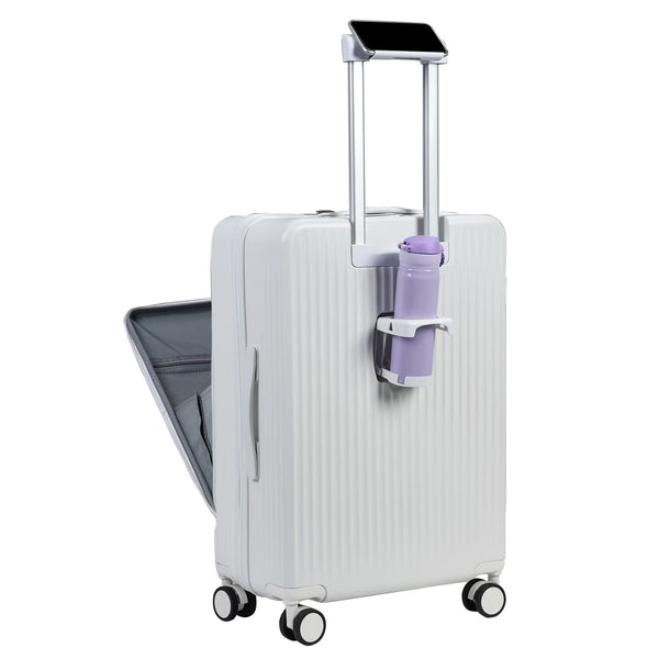24 in Checked Luggage with Front Pocket, USB Charging Port, Built - in Lock Carry on Suitcase, Cup Holder and Phone Holder, Medium Hardside Suitcase with Spinner Wheels, White